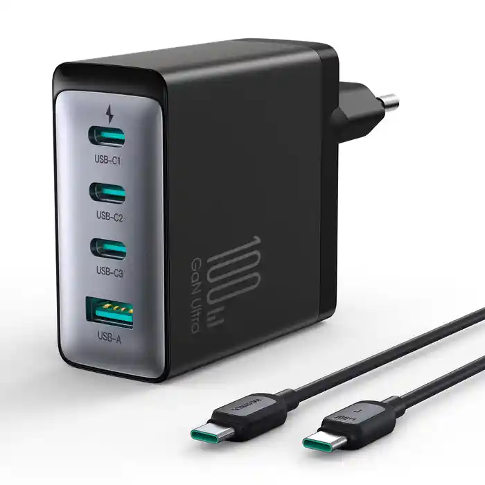 GaN Ultra JR-TCG04 100W 3C1A Fast Charger- Black+100W C to C Cable 1.2m